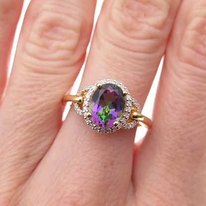 Sai 925 Sterling Silver Gold Plated Real Diamond & Mystic Topaz Ring Size 7