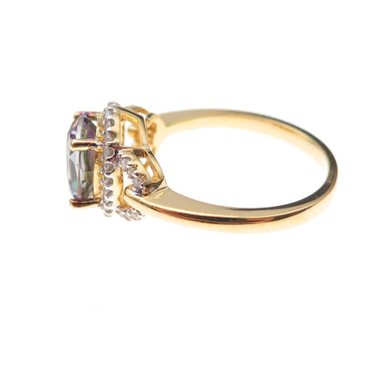 Sai 925 Sterling Silver Gold Plated Real Diamond & Mystic Topaz Ring Size 7