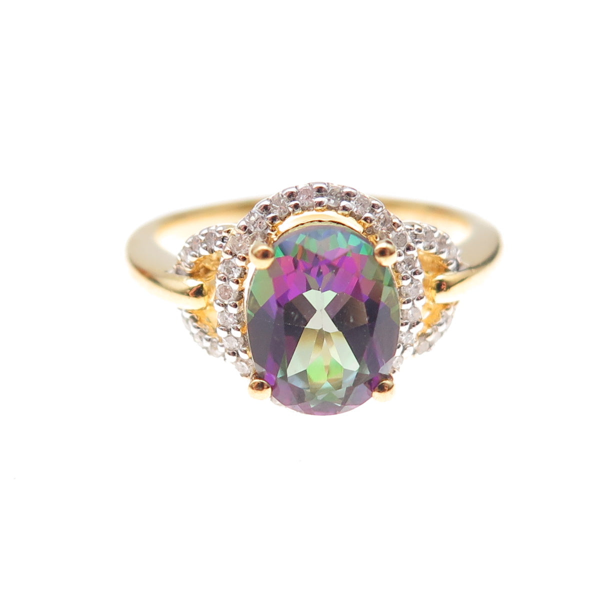 Sai 925 Sterling Silver Gold Plated Real Diamond & Mystic Topaz Ring Size 7
