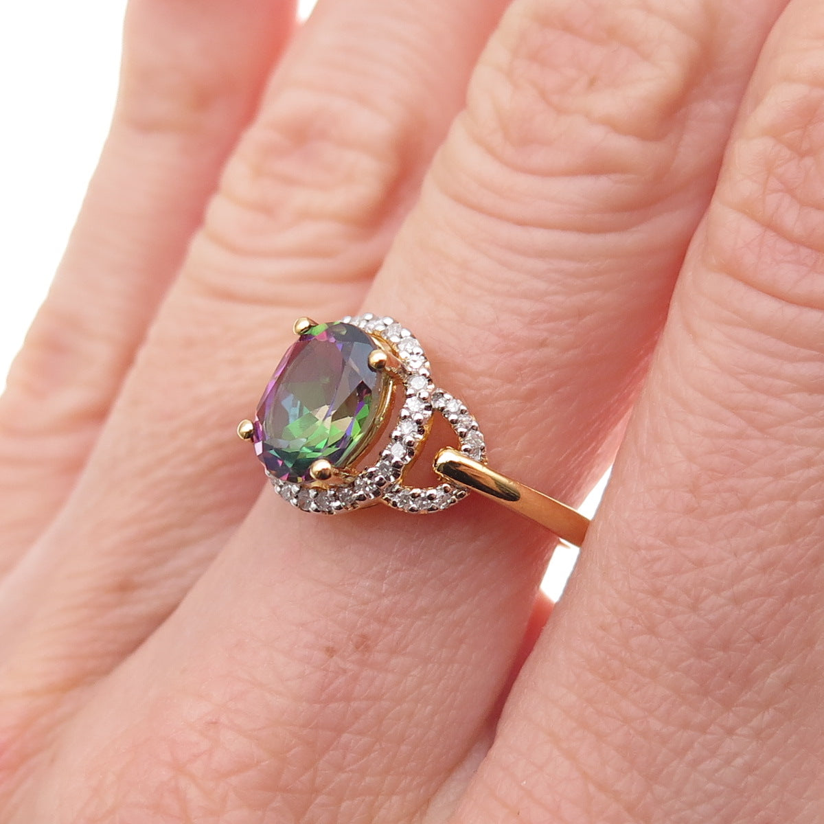 Sai 925 Sterling Silver Gold Plated Real Diamond & Mystic Topaz Ring Size 7