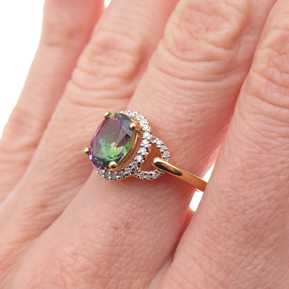Sai 925 Sterling Silver Gold Plated Real Diamond & Mystic Topaz Ring Size 7
