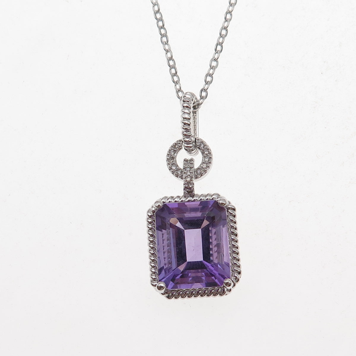 925 Sterling Silver Mexico Real Diamond & Amethyst Cable Chain Necklace 18"