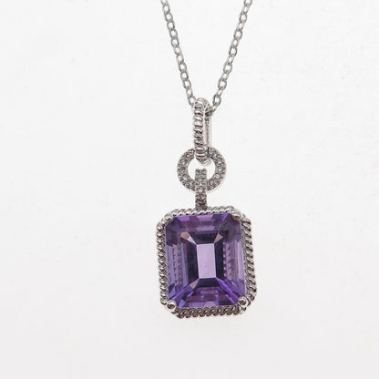 925 Sterling Silver Mexico Real Diamond & Amethyst Cable Chain Necklace 18"