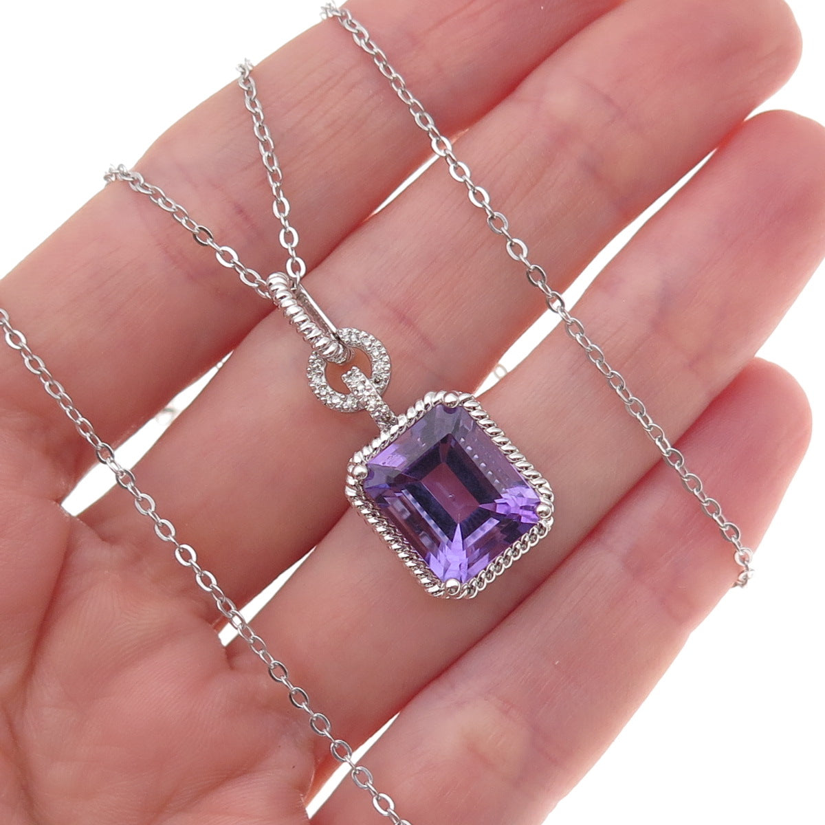 925 Sterling Silver Mexico Real Diamond & Amethyst Cable Chain Necklace 18"