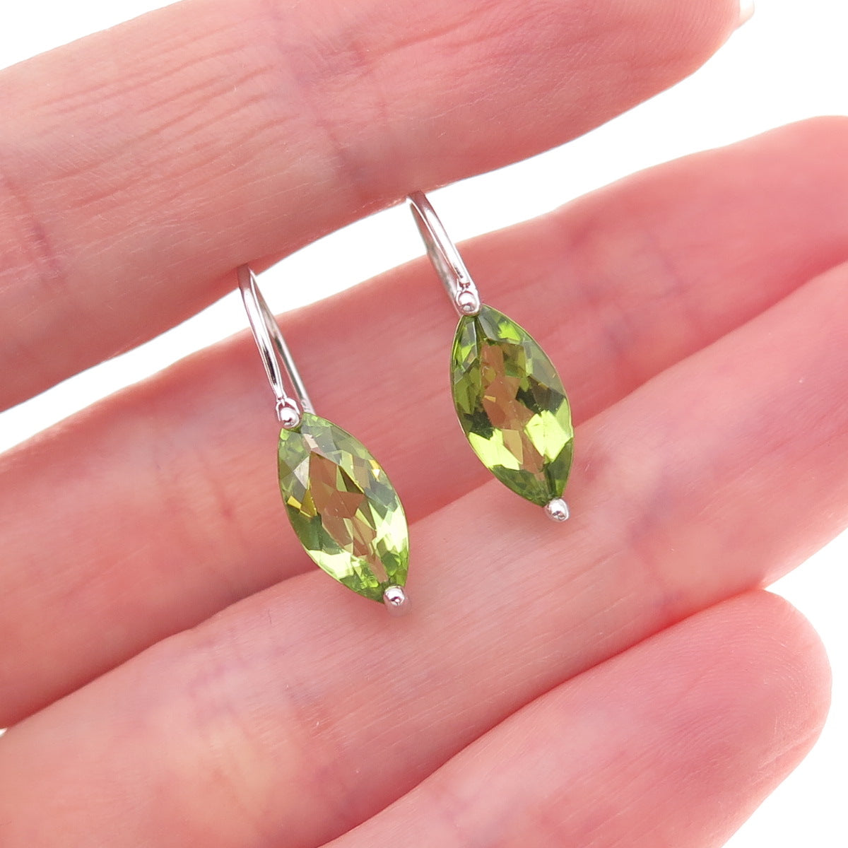 925 Sterling Silver Mexico Real Marquise-Cut Peridot Dangle Earrings