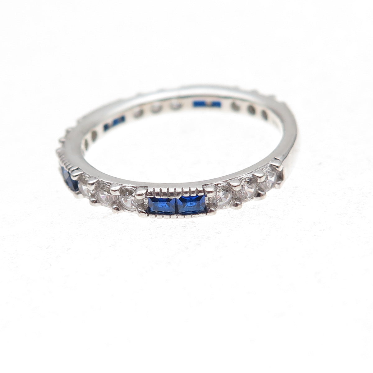 925 Sterling Silver Blue & White C Z Stackable Eternity Band Ring Size 6