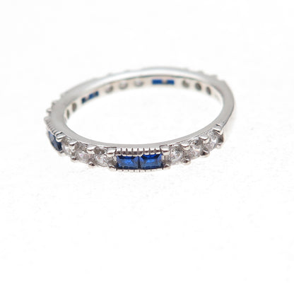 925 Sterling Silver Blue & White C Z Stackable Eternity Band Ring Size 6