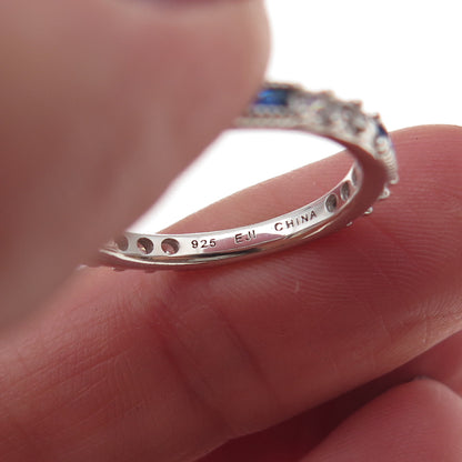 925 Sterling Silver Blue & White C Z Stackable Eternity Band Ring Size 6