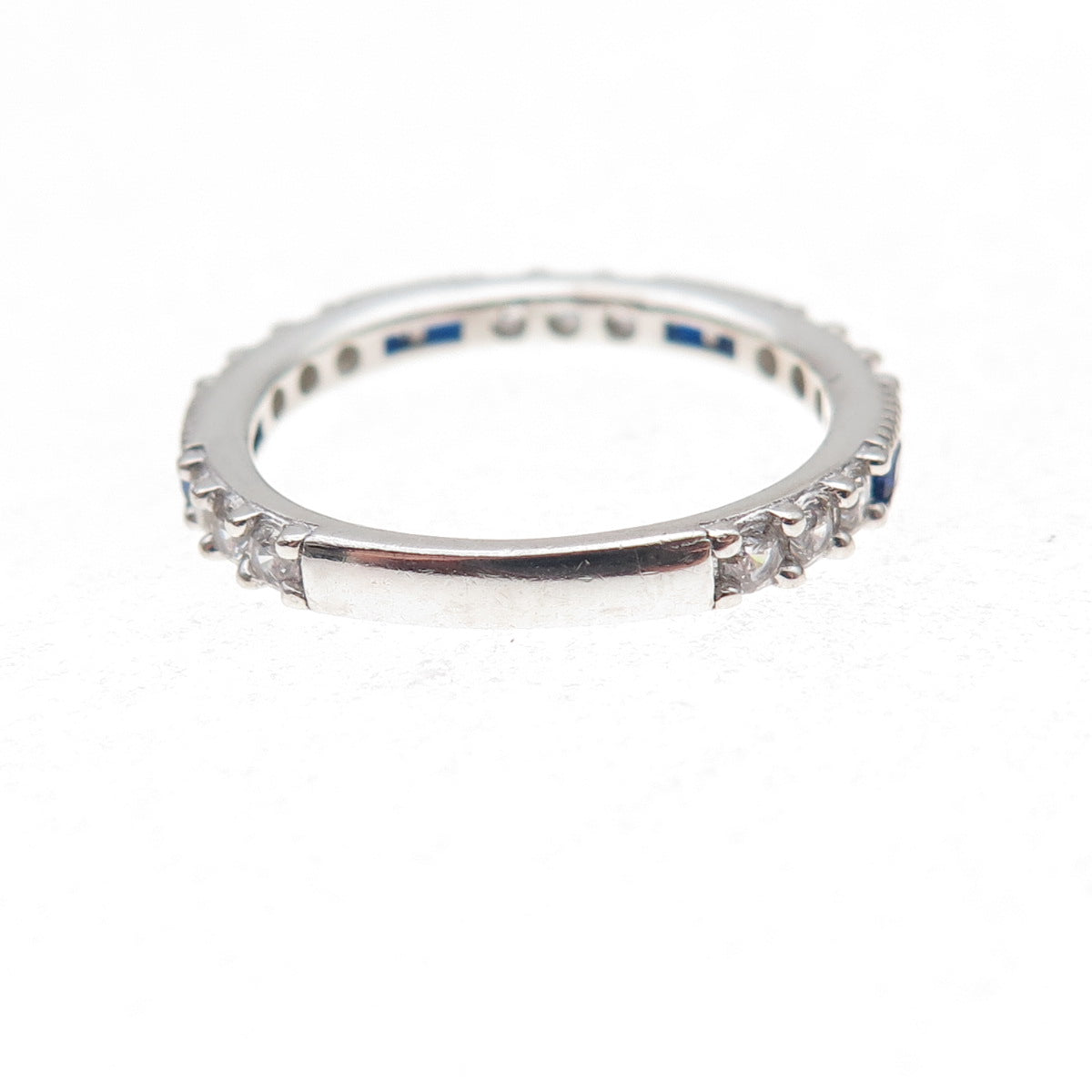 925 Sterling Silver Blue & White C Z Stackable Eternity Band Ring Size 6