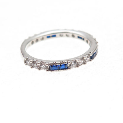 925 Sterling Silver Blue & White C Z Stackable Eternity Band Ring Size 6
