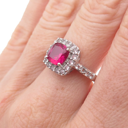 Kiran 925 Sterling Silver Real White Topaz & Lab-Created Ruby Ring Size 7