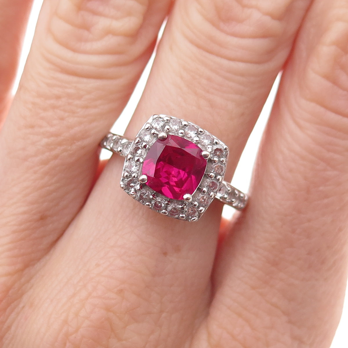 Kiran 925 Sterling Silver Real White Topaz & Lab-Created Ruby Ring Size 7
