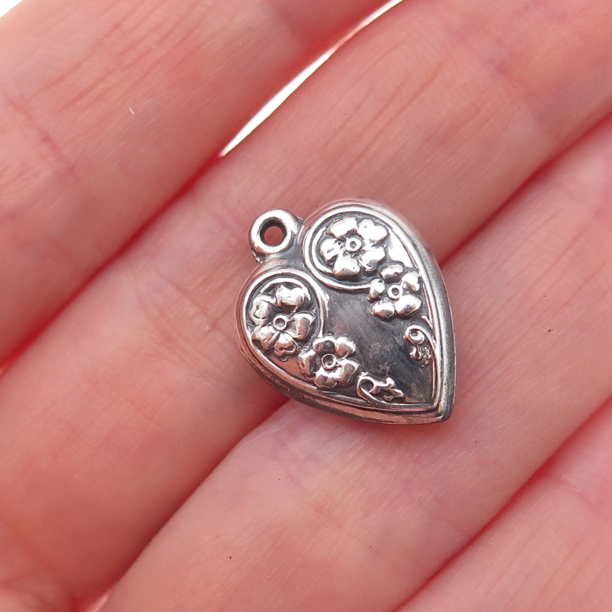 925 Sterling Silver Antique Art Deco Floral Heart Chatelaine Charm Pendant