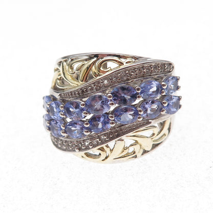 Chuck Clemency 925 Sterling 2-Tone Real Tanzanite & White Topaz Ring Size 8.25
