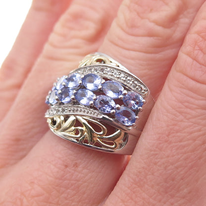 Chuck Clemency 925 Sterling 2-Tone Real Tanzanite & White Topaz Ring Size 8.25