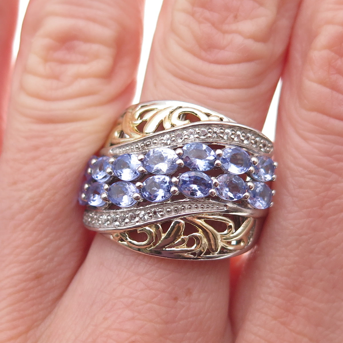 Chuck Clemency 925 Sterling 2-Tone Real Tanzanite & White Topaz Ring Size 8.25