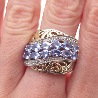 Chuck Clemency 925 Sterling 2-Tone Real Tanzanite & White Topaz Ring Size 8.25