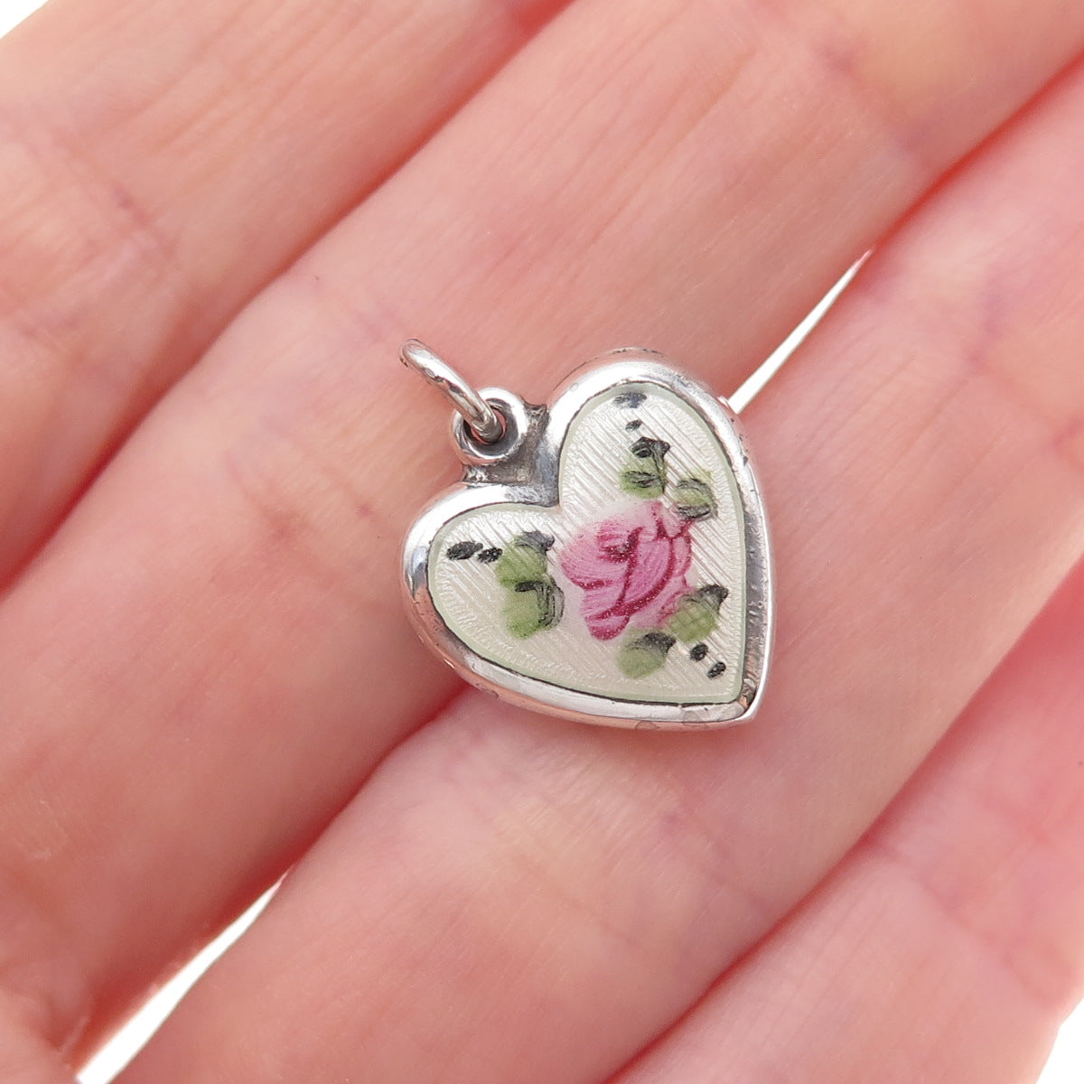 925 Sterling Silver Antique Art Deco Enamel Rose Heart Chatelaine Charm Pendant