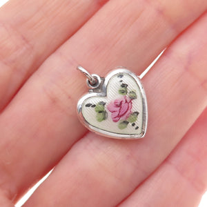 925 Sterling Silver Antique Art Deco Enamel Rose Heart Chatelaine Charm Pendant