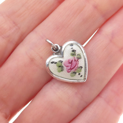 925 Sterling Silver Antique Art Deco Enamel Rose Heart Chatelaine Charm Pendant