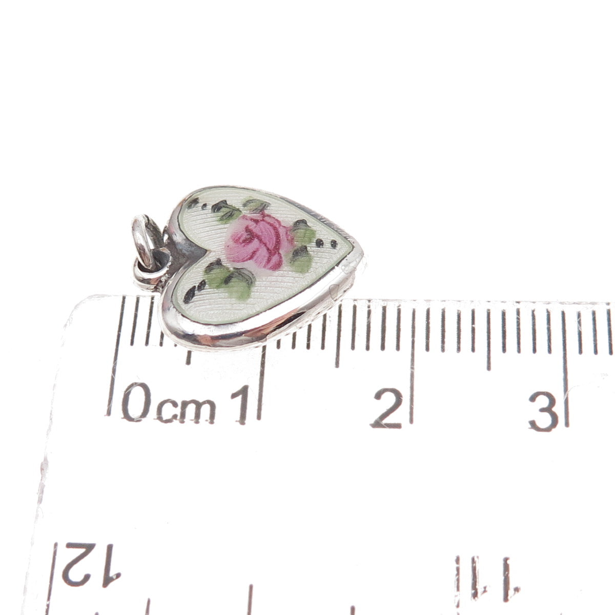 925 Sterling Silver Antique Art Deco Enamel Rose Heart Chatelaine Charm Pendant