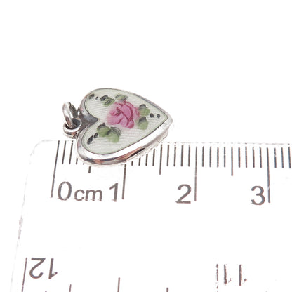 925 Sterling Silver Antique Art Deco Enamel Rose Heart Chatelaine Charm Pendant