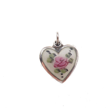 925 Sterling Silver Antique Art Deco Enamel Rose Heart Chatelaine Charm Pendant
