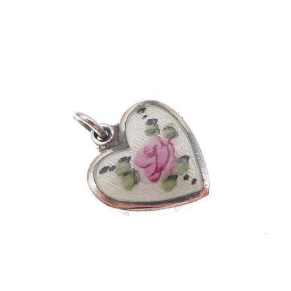 925 Sterling Silver Antique Art Deco Enamel Rose Heart Chatelaine Charm Pendant