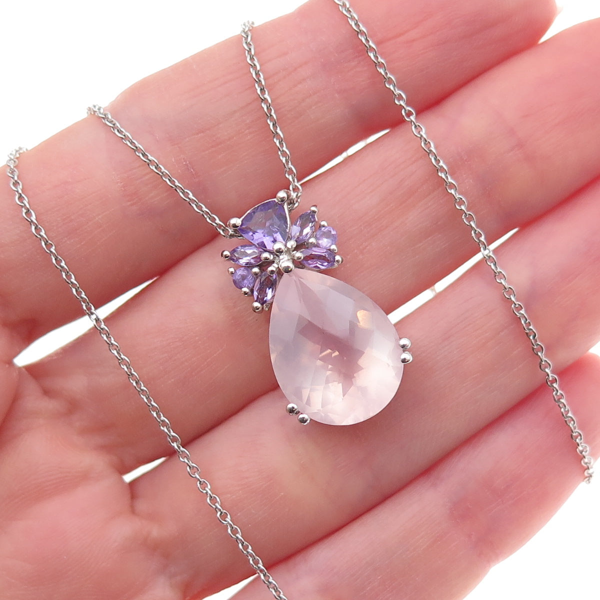 Chuck Clemency 925 Sterling Silver Real Rose Quartz & Amethyst Necklace 18"