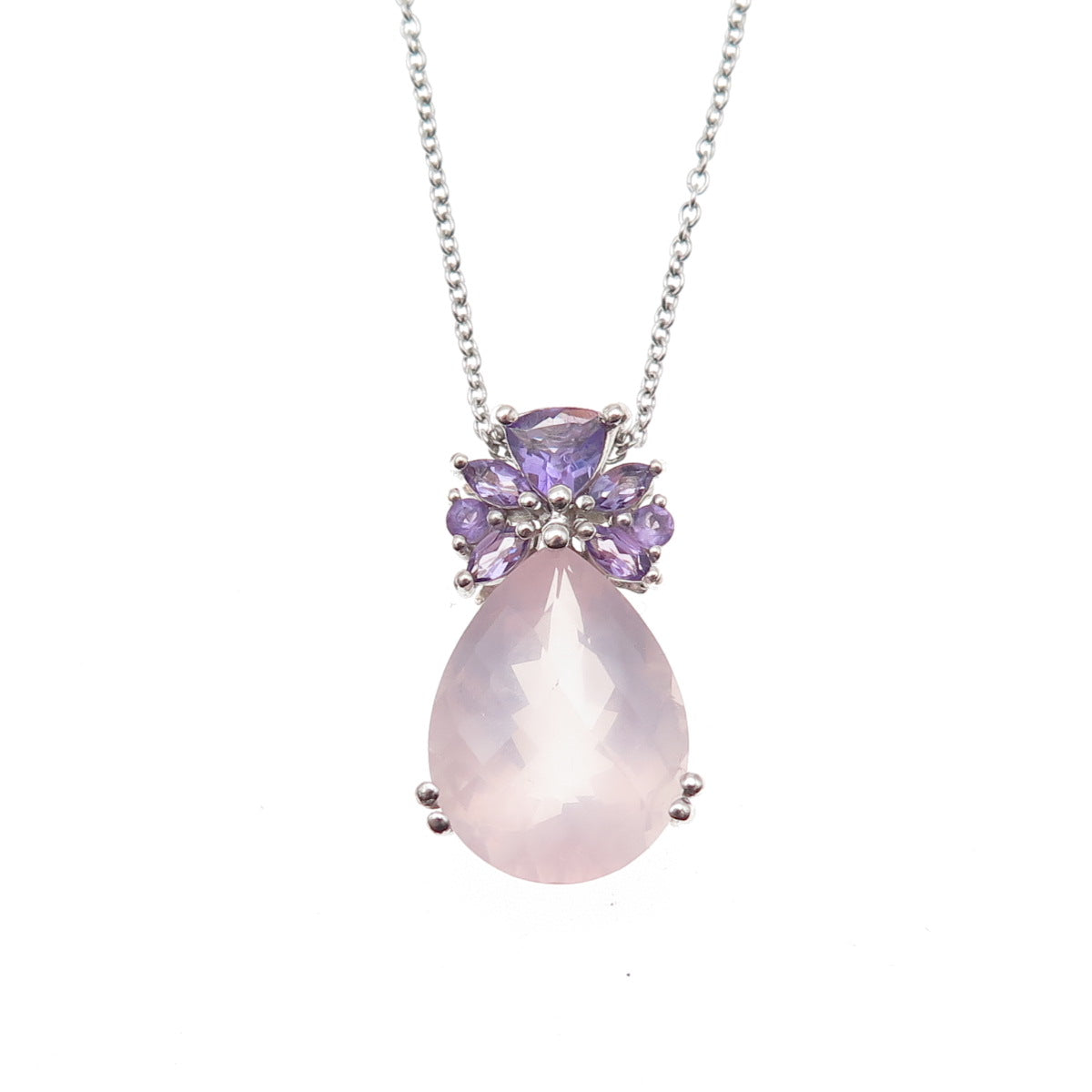 Chuck Clemency 925 Sterling Silver Real Rose Quartz & Amethyst Necklace 18"
