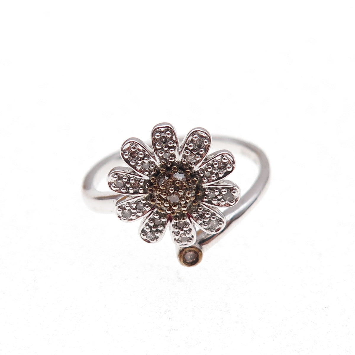 925 Sterling Silver 2-Tone Mexico Real Diamond Daisy Floral Ring Size 7