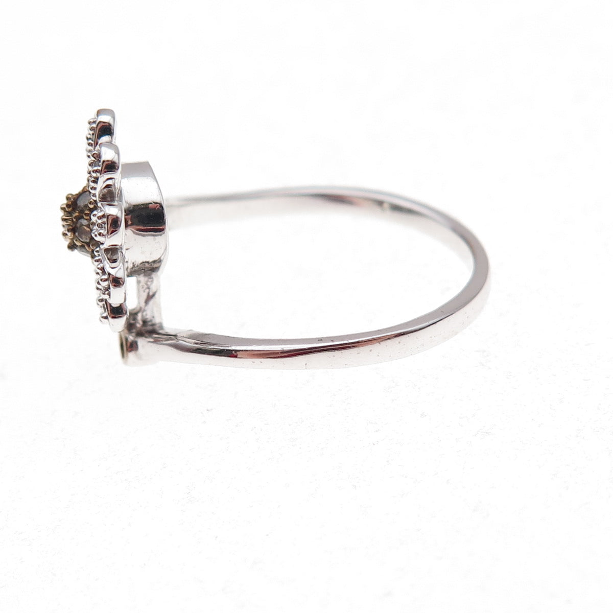 925 Sterling Silver 2-Tone Mexico Real Diamond Daisy Floral Ring Size 7