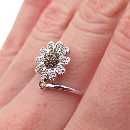 925 Sterling Silver 2-Tone Mexico Real Diamond Daisy Floral Ring Size 7