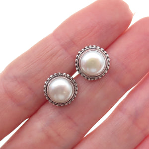 925 Sterling Silver Vintage Real Pearl Stud Earrings