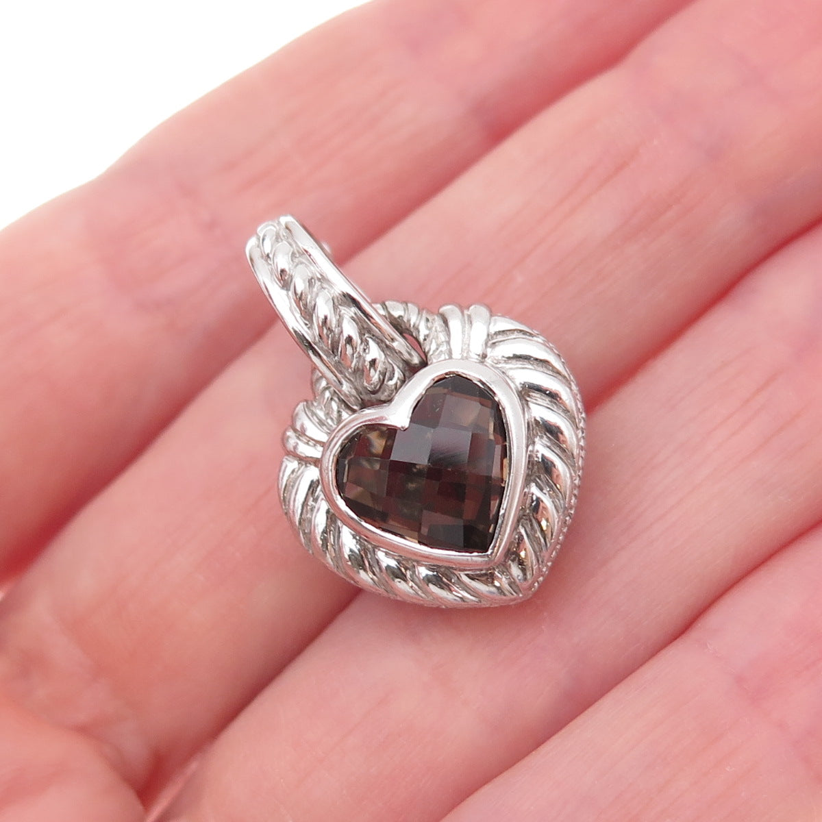 Judith Ripka 925 Sterling Silver Real Smoky Quartz Heart Charm Pendant