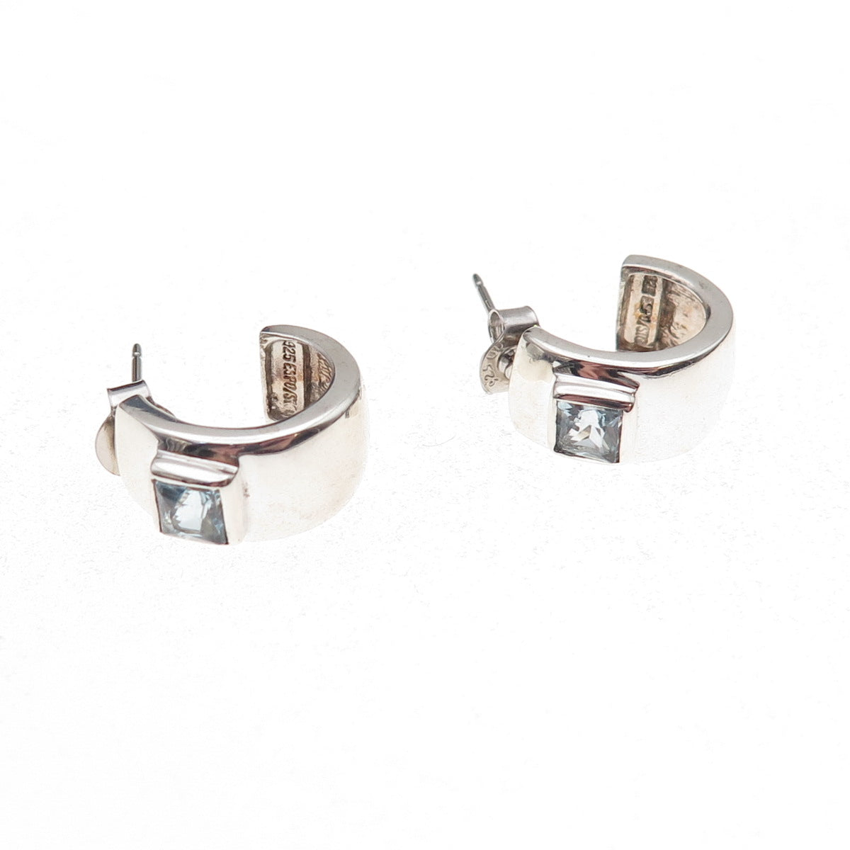 Joseph Esposito 925 Sterling Silver Vintage Real Blue Topaz Hoop Earrings