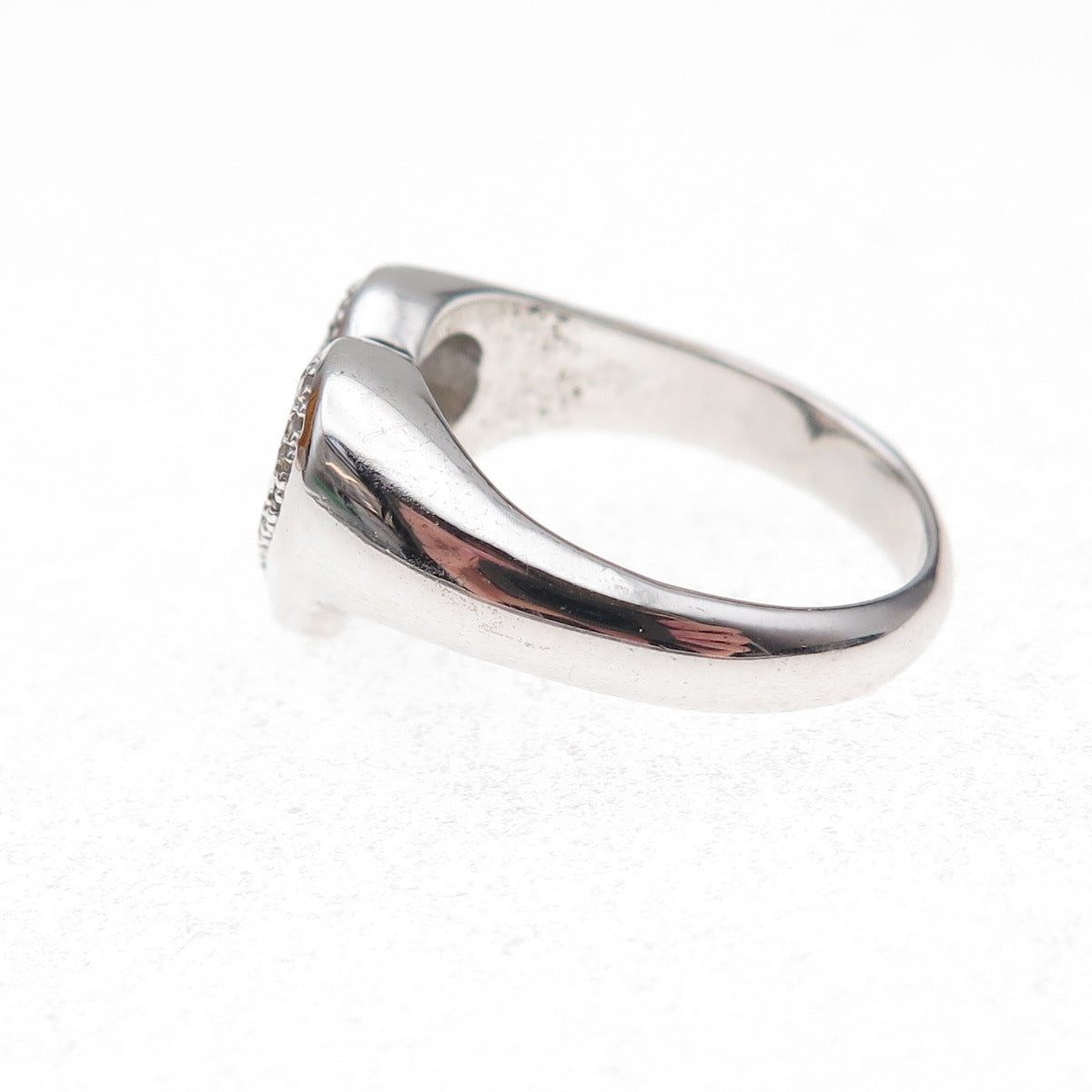 925 Sterling Silver Mexico Real Round-Cut Diamond Heart Signet Ring Size 7