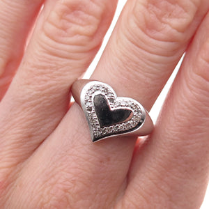 925 Sterling Silver Mexico Real Round-Cut Diamond Heart Signet Ring Size 7