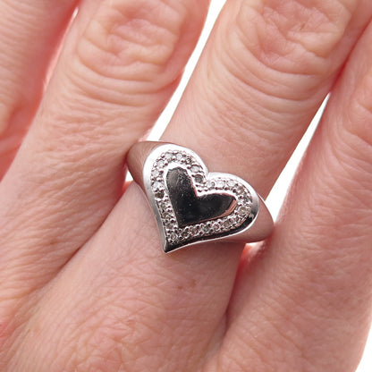 925 Sterling Silver Mexico Real Round-Cut Diamond Heart Signet Ring Size 7