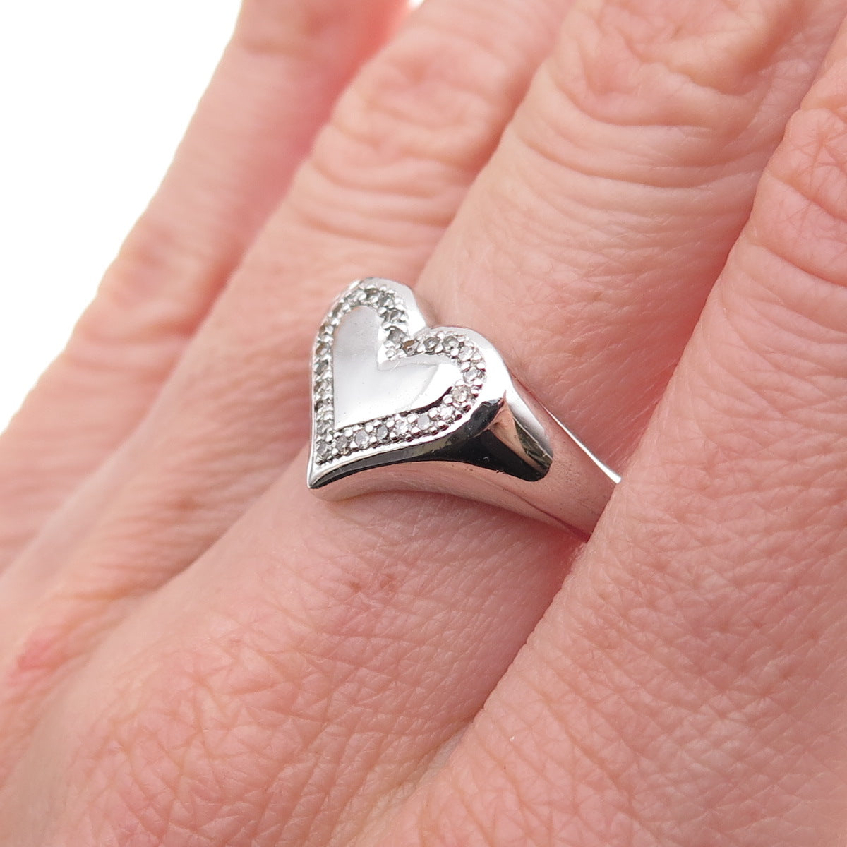 925 Sterling Silver Mexico Real Round-Cut Diamond Heart Signet Ring Size 7