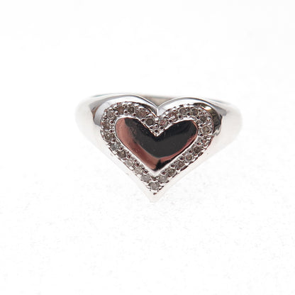 925 Sterling Silver Mexico Real Round-Cut Diamond Heart Signet Ring Size 7