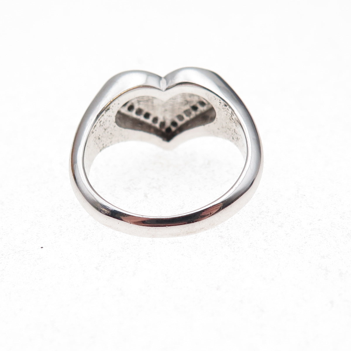 925 Sterling Silver Mexico Real Round-Cut Diamond Heart Signet Ring Size 7