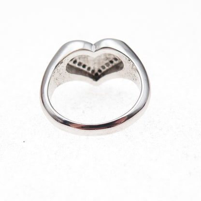 925 Sterling Silver Mexico Real Round-Cut Diamond Heart Signet Ring Size 7