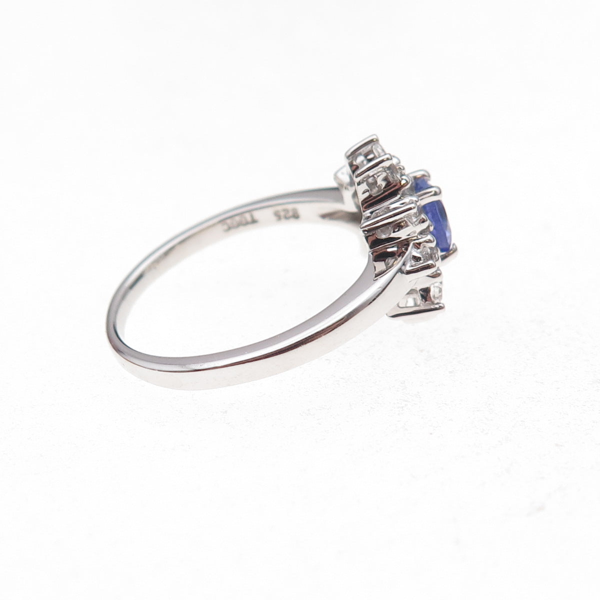 925 Sterling Silver Real Round-Cut Tanzanite & White Topaz Floral Ring Size 8