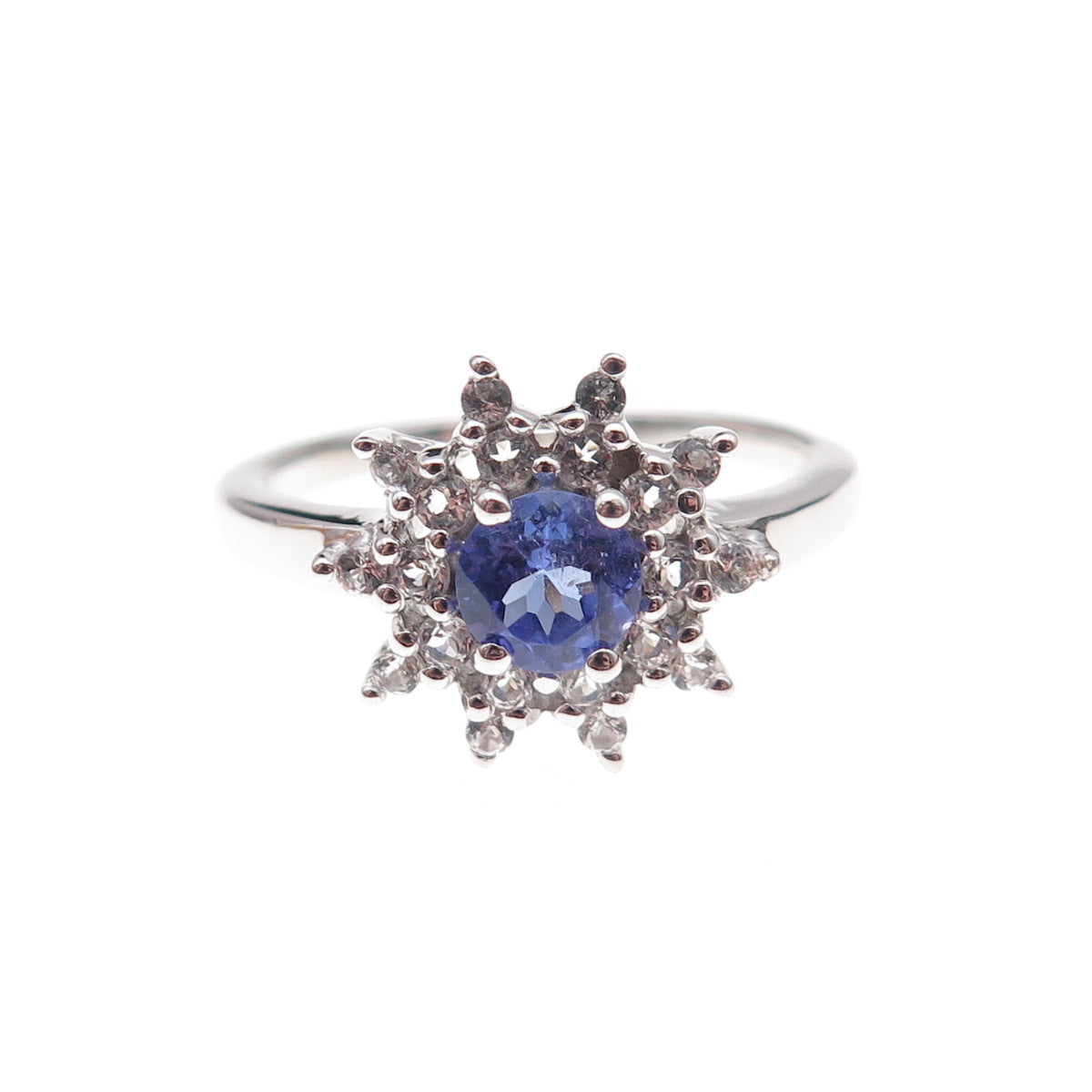 925 Sterling Silver Real Round-Cut Tanzanite & White Topaz Floral Ring Size 8