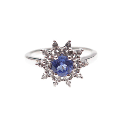 925 Sterling Silver Real Round-Cut Tanzanite & White Topaz Floral Ring Size 8