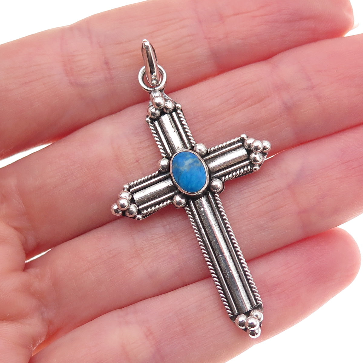 925 Sterling Silver Vintage Real Turquoise Beaded Oxidized Cross Charm Pendant