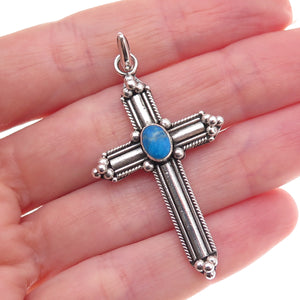 925 Sterling Silver Vintage Real Turquoise Beaded Oxidized Cross Charm Pendant