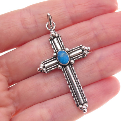 925 Sterling Silver Vintage Real Turquoise Beaded Oxidized Cross Charm Pendant