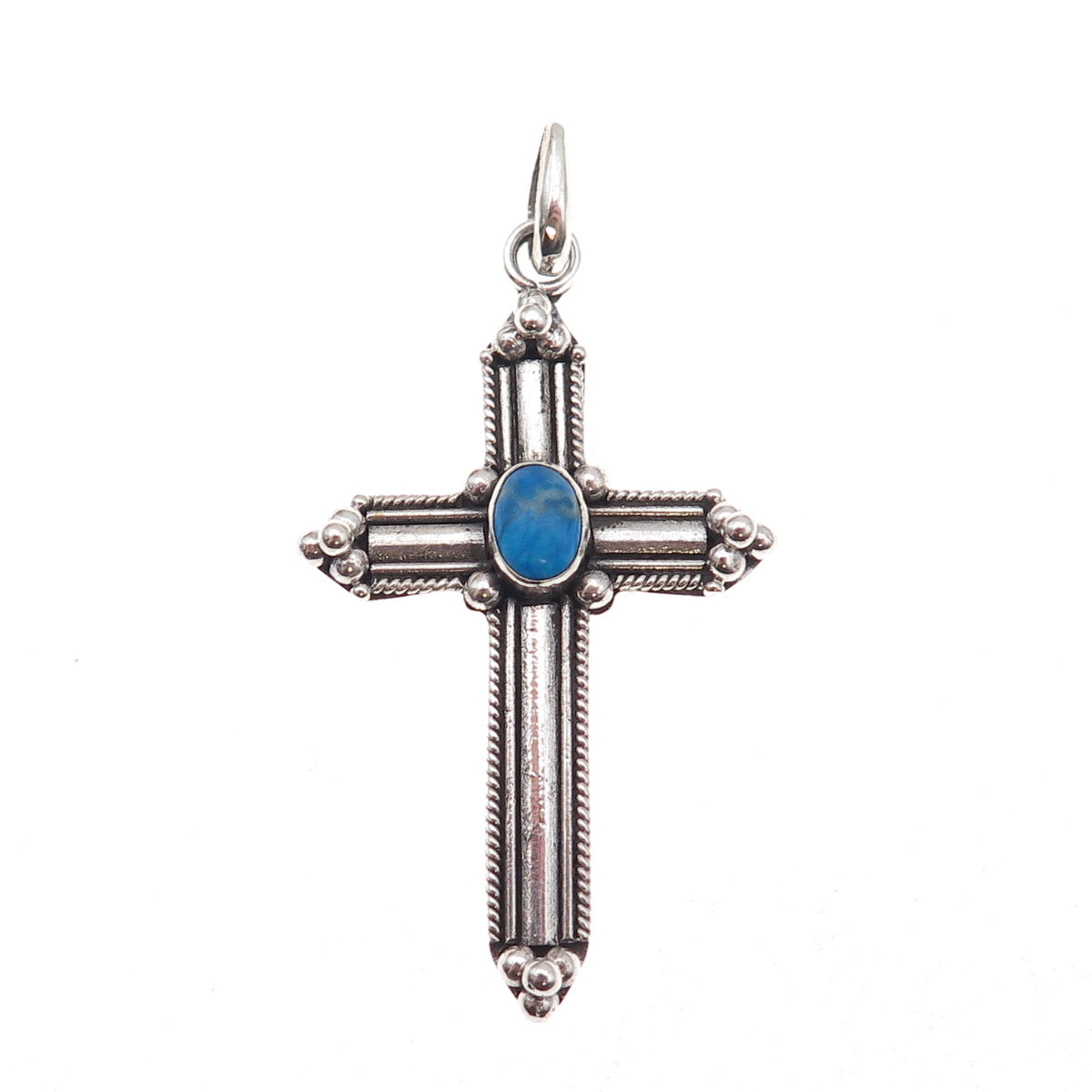 925 Sterling Silver Vintage Real Turquoise Beaded Oxidized Cross Charm Pendant